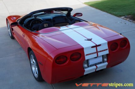 Red C5 Corvette convertible with white full body racing stripe style 3