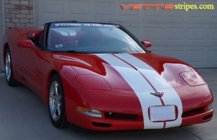 Red C5 Corvette convertible with white full body racing stripe style 3