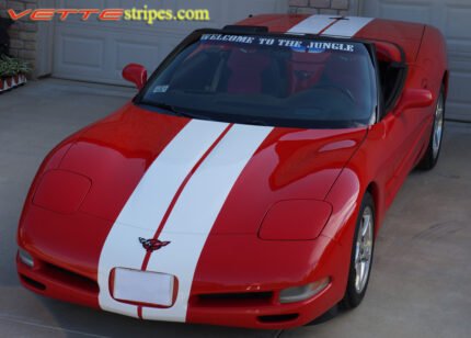 Red C5 Corvette convertible with white full body racing stripe style 3