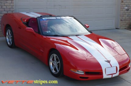 Red C5 Corvette convertible with white full body racing stripe style 3