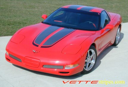 Torch red C5 Corvette with gunmetal and black CE commemorative stripes