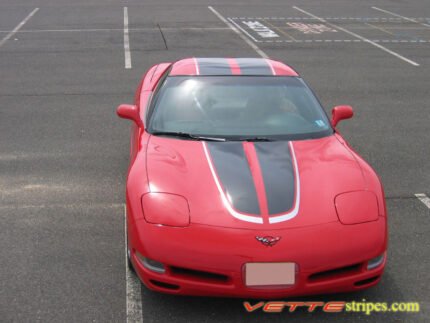 Torch red C5 Corvette with gunmetal and silver CE commemorative stripes