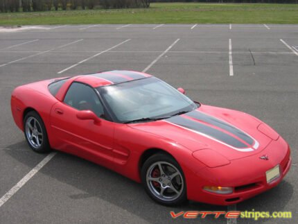 Torch red C5 Corvette with gunmetal and silver CE commemorative stripes