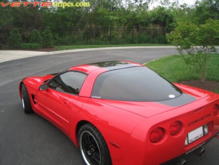 Torch Red C5 Corvette coupe with metallic black and dark charcoal ME stripe