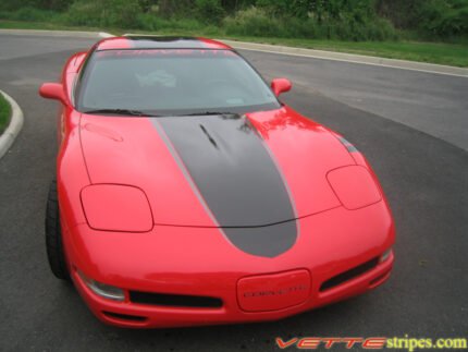 Torch Red C5 Corvette coupe with metallic black and dark charcoal ME stripe