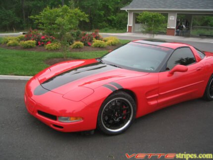 Torch Red C5 Corvette coupe with metallic black and dark charcoal ME stripe