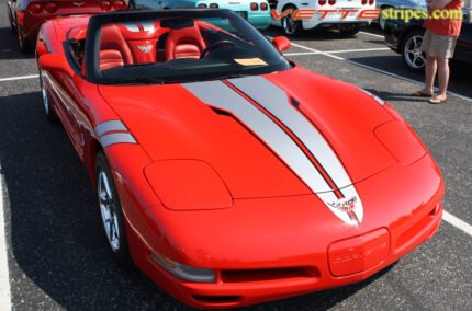 Torch Red C5 Corvette convertible with pewter and black SE3 racing rally stripe graphic