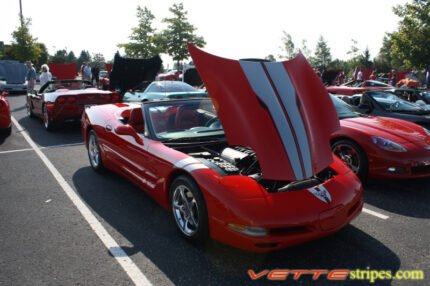 Torch Red C5 Corvette convertible with pewter and black SE3 racing rally stripe graphic