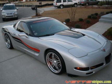 Silver C5 Corvette with black red side stripes graphic