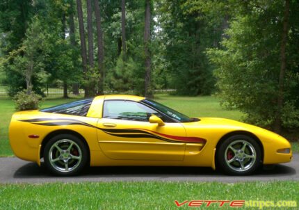 Yellow C5 Corvette with black and red side stripe graphic