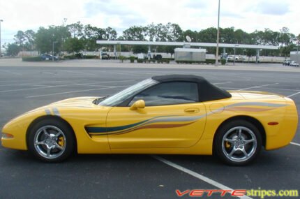 Yellow C5 corvette convertible with 3 color option side stripe graphic