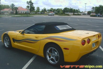 Yellow C5 corvette convertible with 3 color option side stripe graphic