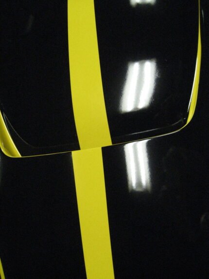 Yellow C5 Corvette with metallic black MCM hood style 2 stripe