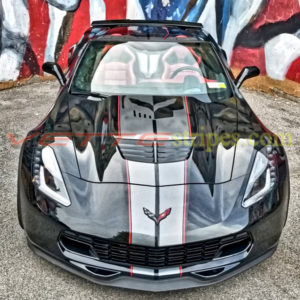 Black C7 Z06 convertible with dark charcoal red GM full length dual racing stripe 2 and optional jake cutout