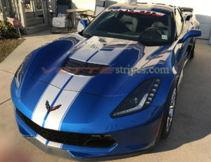 Laguna blue C7 Corvette Z06 with blade silver GM full length dual racing stripe 2 and jake option