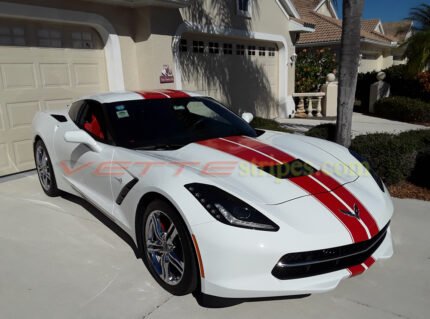 White C7 Corvette Stingray with gloss red GM full body racing stripes