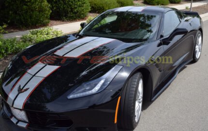 Black C7 Stingray coupe with silver GM full length racing and red pinstripes