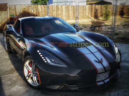 Black C7 Stingray coupe with silver GM full length racing and red pinstripes