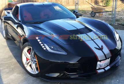 Black C7 Corvette Stingray coupe with silver and red GM full length racing 2