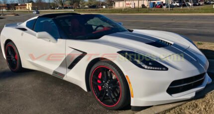 White C7 Corvette Stingray with matte silver GM full body racing stripes