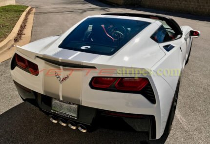 White C7 Corvette Stingray with matte silver GM full body racing stripes