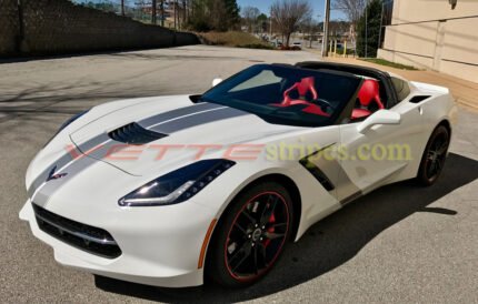 White C7 Corvette Stingray with matte silver GM full body racing stripes