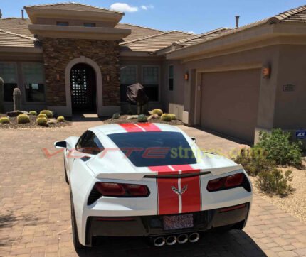 White C7 Stingray coupe with red GM full length racing and carbon flash pinstripes