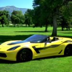 Yellow C7 Corvette Z06 with 3M 1080 carbon flash side stripe graphic