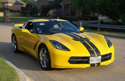 Yellow C7 Corvette stingray with matte black racing 3 stripes