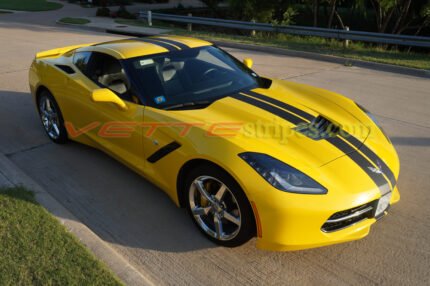 Yellow C7 Corvette stingray with matte black racing 3 stripes