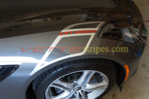 Shark Gray C7 Stingray carbon 65 fender hash marks in blade silver with red LT1 460HP script
