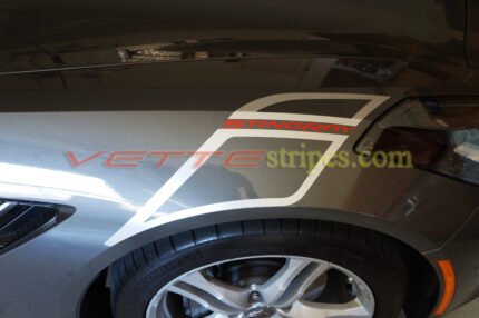 Shark Gray C7 Stingray carbon 65 fender hash marks in blade silver with red Stingray script