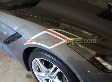 Shark Gray C7 Stingray carbon 65 fender hash marks in blade silver with red Stingray script