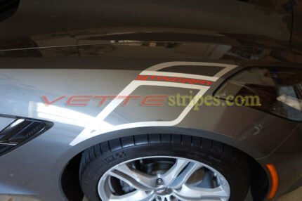 Shark Gray C7 Stingray carbon 65 fender hash marks in blade silver with red Stingray script