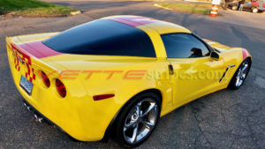 Yellow C6 Grand sport with red ME3 stripes and custom checkered flags