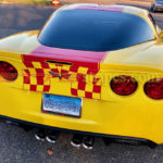 Yellow C6 Grand sport with red ME3 stripes and custom checkered flags