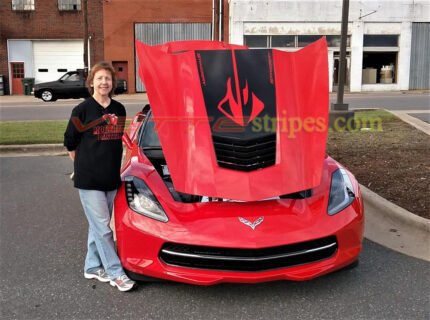 Torch red C7 Stingray with stingray logo stinger stripe in 3M 1080 gloss carbon flash