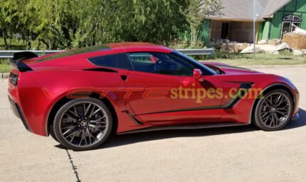 Crystal red C7 Z06 Corvette with side vent top of bottom spears side stripes decal