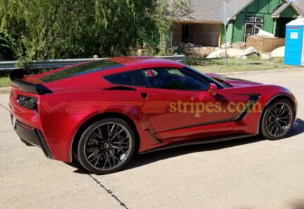 Crystal red C7 Z06 Corvette with side vent top of bottom spears side stripes decal