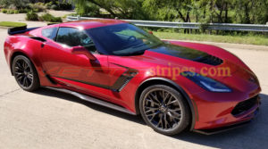 Crystal red C7 Z06 Corvette with side vent top of bottom spears side stripes decal