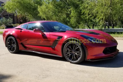 Crystal red C7 Z06 Corvette with side vent top of bottom spears side stripes decal