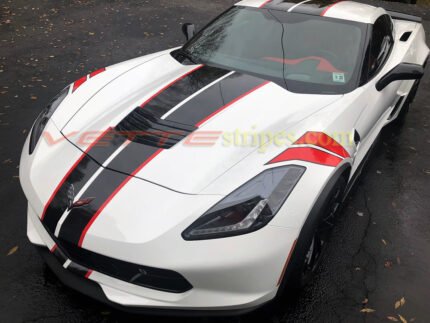 C7 white grand sport with GM full racing ME stripes in 3M carbon flash and red and optional fender hash marks