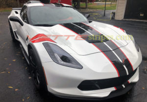 C7 white grand sport with GM full racing ME stripes in 3M carbon flash and red and optional fender hash marks