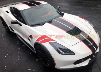 C7 white grand sport with GM full racing ME stripes in 3M carbon flash and red and optional fender hash marks