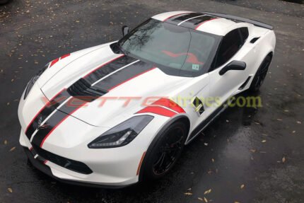 C7 white grand sport with GM full racing ME stripes in 3M carbon flash and red and optional fender hash marks