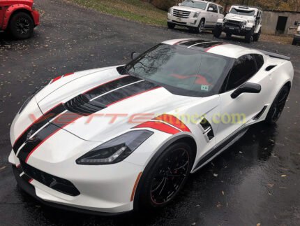 C7 white grand sport with GM full racing ME stripes in 3M carbon flash and red and optional fender hash marks