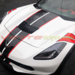 C7 white grand sport with GM full racing ME stripes in 3M carbon flash and red and optional fender hash marks