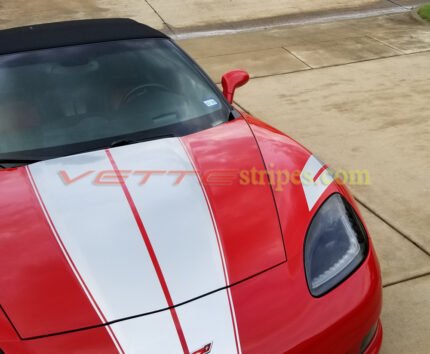 Red C6 Corvette convertible with metallic silver grand sport fender hash marks stripes