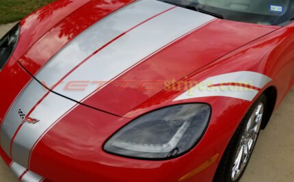 Red C6 Corvette convertible with metallic silver grand sport fender hash marks stripes