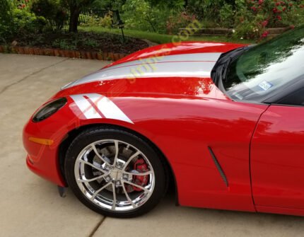 Red C6 Corvette convertible with metallic silver grand sport fender hash marks stripes